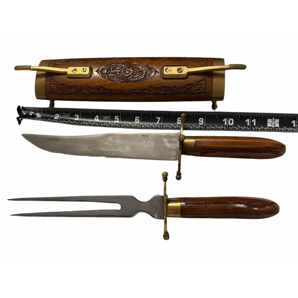 Vintage HAND CARVED Knife & Fork Carving Set Wood & Brass Sheath India 3707-66
